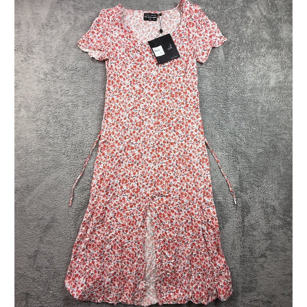 The Fifth Label S Red Floral Button Front Maxi Dress Viscose Waist Tie NWT